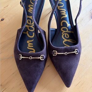 Sam Edelman Pointed Toe Slingback Mules in Dark Brown with Gold Hardware